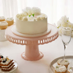 4-Pack Plastic Round Pedestal Cake Stands Blush - Hollow Ribbon Trim Edges 13"