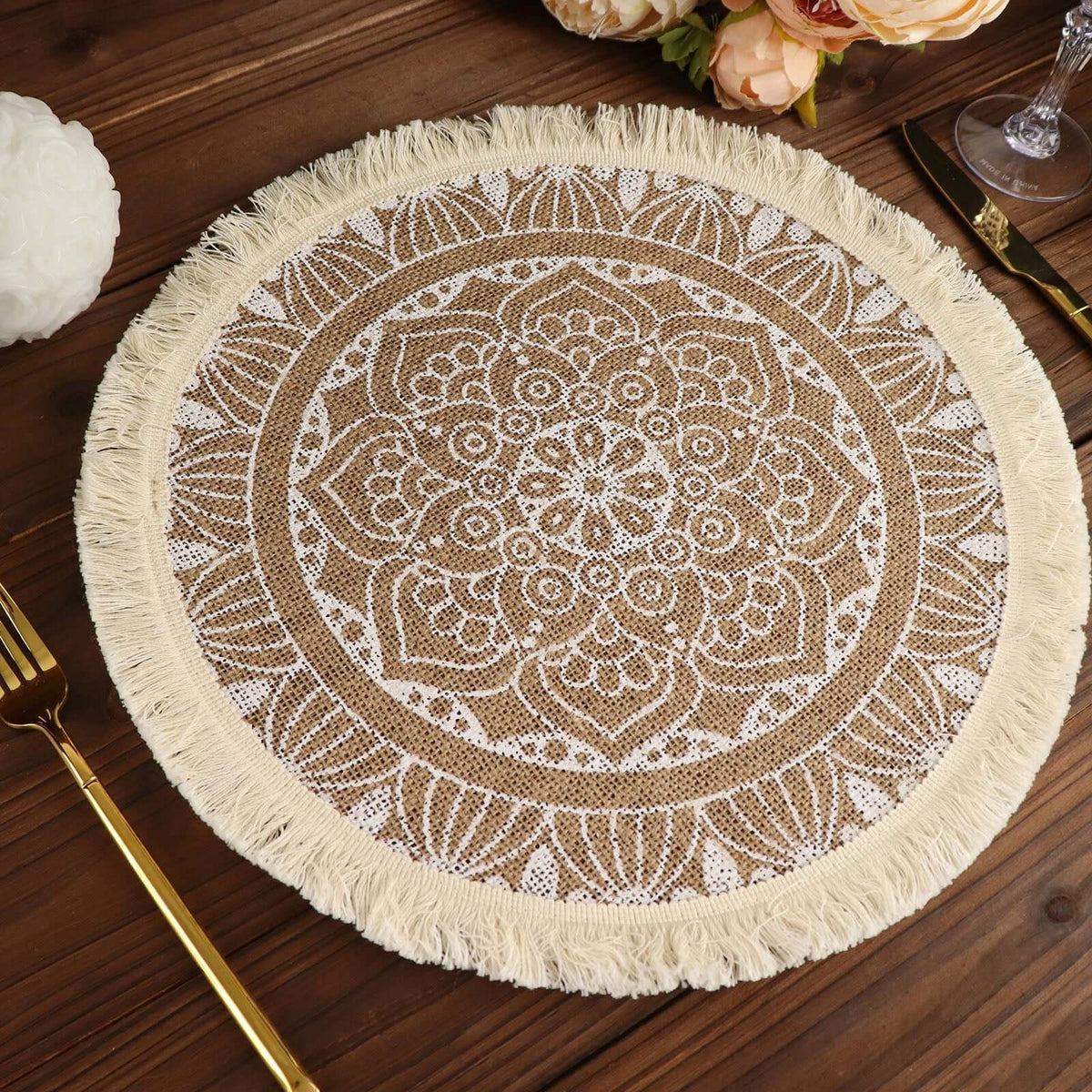 4-Pack Placemats Mandala Print Fringe Design Natural Jute and White Round - Rustic Burlap Tassel Style 15"