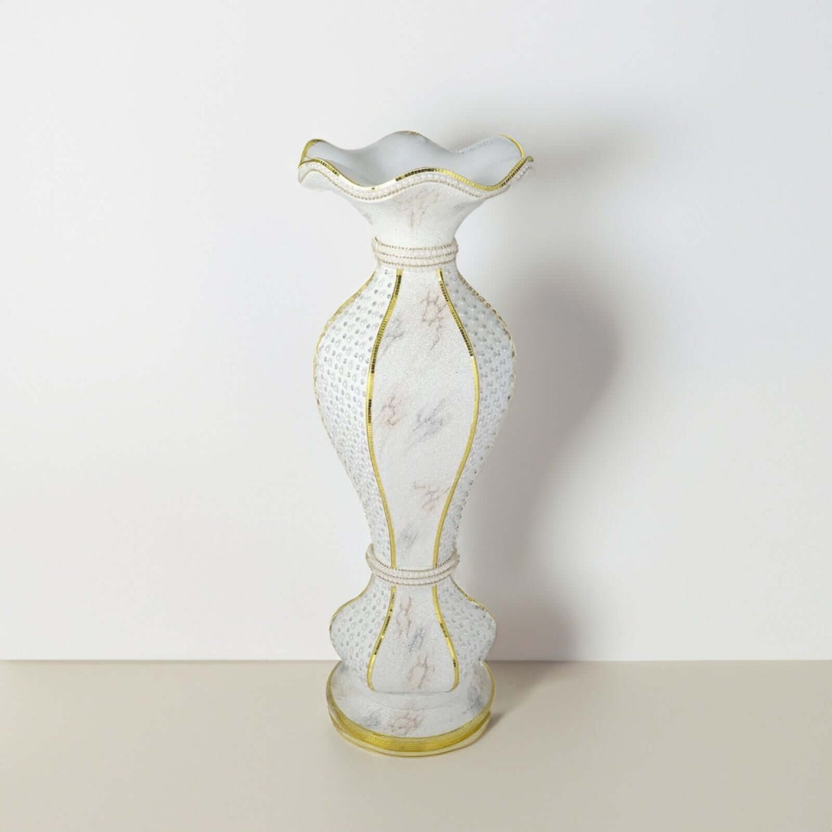 40" Shimmering Gold Glittered Marble Design Flower Pot Vase With Pearls and Mirror Mosaic Embellishment