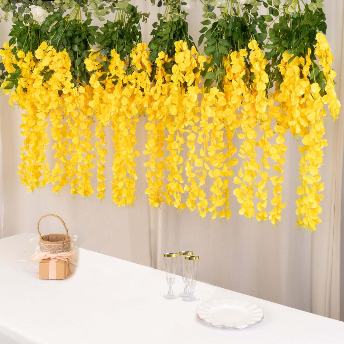 5 Pack 44" Silk Hanging Wisteria Flower Garland Vines in Yellow, 3 Strands in 1 Bush