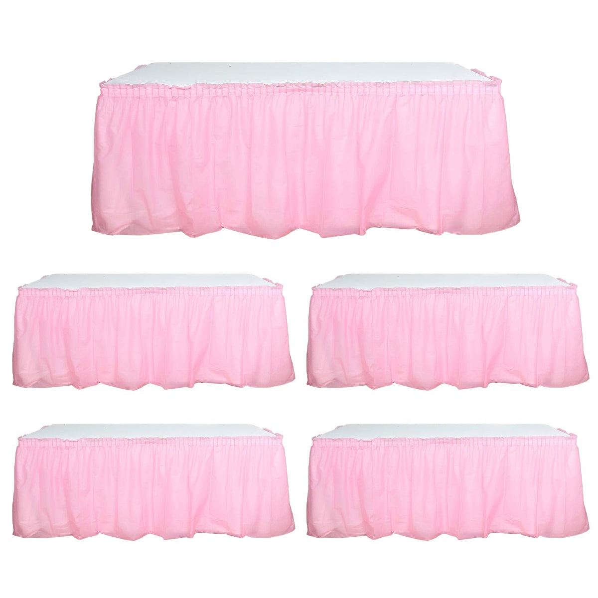 5 Pack Plastic Table Skirts Pink Ruffled - Durable Disposable Skirts for Events 14ft