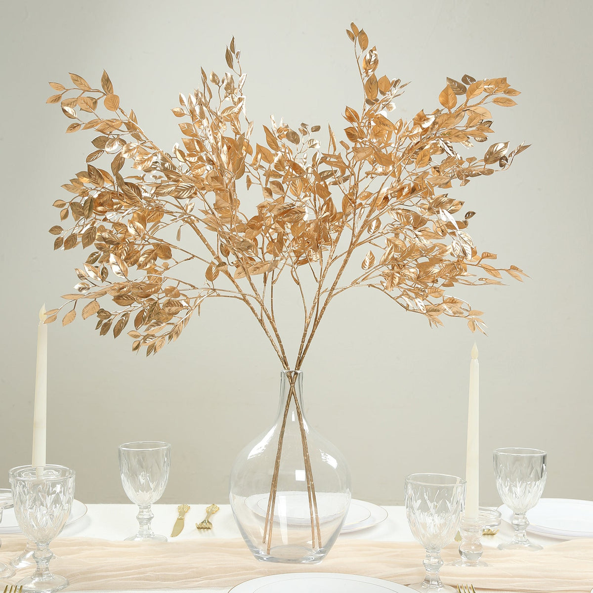 4 Pack Gold Metallic Artificial Leaf Sprays 33” – Italian Ruscus Branches Plastic Greenery for Decorative Arrangements